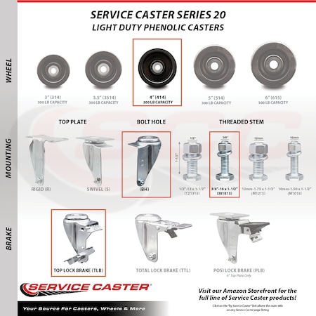 Service Caster 4 Inch SS Phenolic Wheel Swivel 3/8 Inch Threaded Stem Caster Set Brake SCC SCC-SSTS20S414-PHS-TLB-381615-4